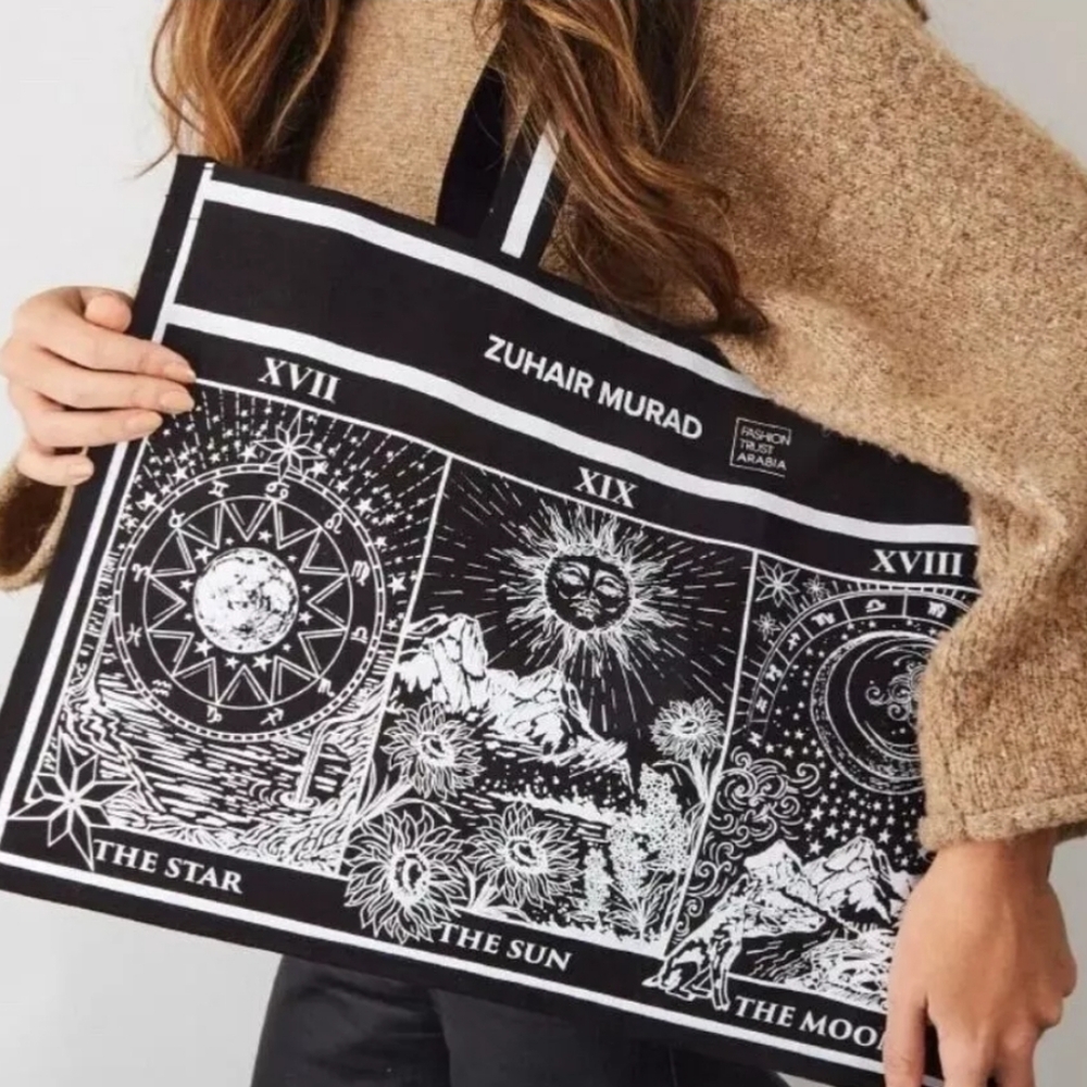 ZUHAIR MURAD TOTE BLACK WHITE SYMBOLS ORGANIC VEGAN SUSTAINABLE